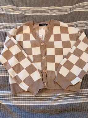 NWT Merokeety Checkerboard V-Neck Cardigan Sweater - Brown & Cream Women’s Large
